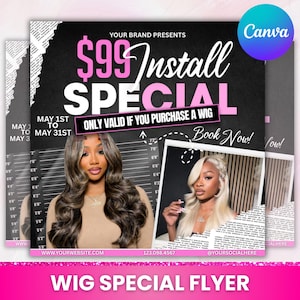 Folleto especial de instalación de pelucas: Plantilla para redes sociales de estilistas (Canva editable)