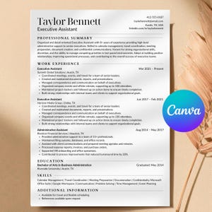 May include: A white CV template for an Executive Assistant named Taylor Bennett. The document includes sections for a professional summary, work experience at Summit Global Solutions, Horizon Media Group, and Rivetron Financial Services, education, and skills.