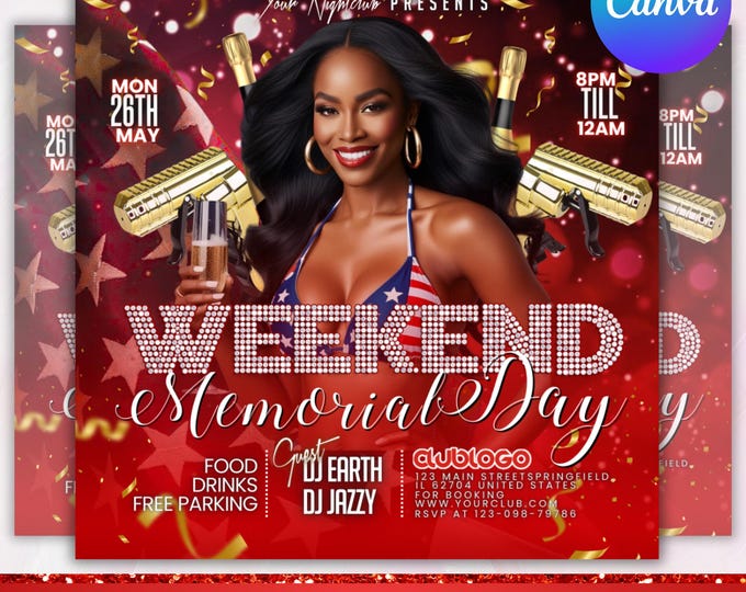 Memorial Day Party Flyer,Memorial Day Weekend Club Flyer,Club Party Flyer,Summer Party Flyer,DJ Party Invite for Social Media,Cnava Editable