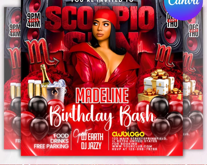Scorpio Birthday Flyer For Her, Casino Poker Birthday Girl, Happy Birthday Flyer, Scorpio Season, Scorpio Party, Editable Celebration Flyer