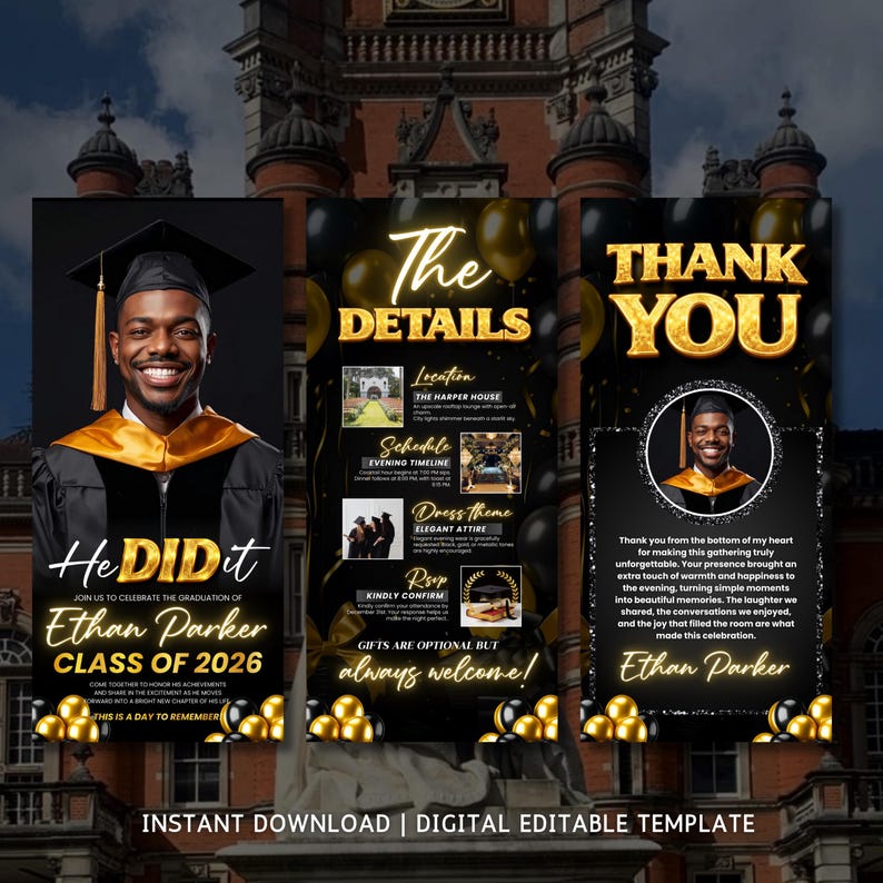 Black and Gold Luxury Graduation Digital Invitation, Graduation Party, Graduation Ceremony, For Boys and Girls, For men and women Graduation Flyer | Customizable DIY Invitation Flyer | Graduation Invitation Flyer | Social Media Flyer | Simplistic | Class of 2025 Digital Graduation Invitation, Graduation Party, Graduation Invitation, Congrats to the Grad flyer, Class of 2025 flyer, Grad Announcement
