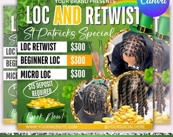 Loc And Retwist Flyer, March Booking Flyer, March Bookings, St. Patricks Flyer, Hairstylist, Loctician, Locs Special, Canva Editable