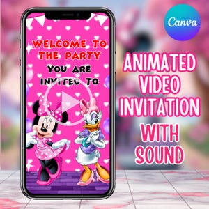 Minnie Mouse Birthday Video Invitation, Pink Bow Girl Birthday Video Invitation, Birthday Animated Evite, Instant Download, Canva Editable