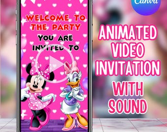 Editable Minnie Mouse Birthday Video Invitation, Minnie Mouse Birthday Video Invitation, 1st birthday animated Evite, Canva Editable