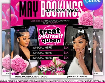 May include: Pink and black flyer with the text "May Bookings are now open" and "Treat yourself queen". The flyer also includes the text "Mother's Day Special Use Code "MOM" to get 70% off" and "Book Now!" with a website address and social media handle.
