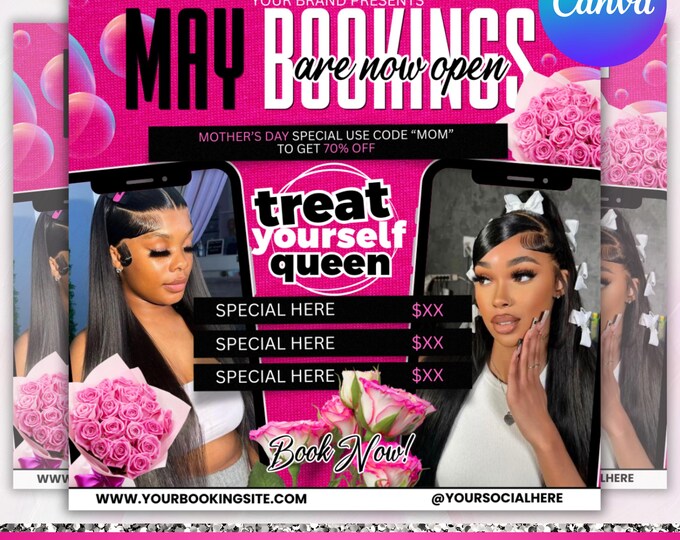May Booking Flyer, Mother's Day Booking Flyer, May Books open, May Appointment Flyer, Hair Braids Wig Lashes Flyer, Canva Editable
