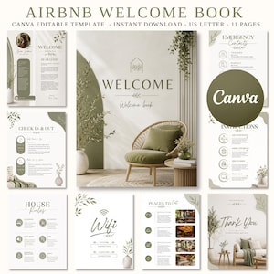 Mall för Airbnb-välkomstbok, redigerbar Canva-gästguide, manual för semesterbostäder, utskrivbar värdpärm, gör-det-själv-guide
