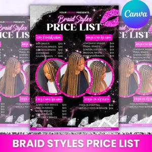 Braids Pricelist, Braids Price List Flyer,Knotless Braids Flyer,Beauty Salon Price Sheet, Premade Lash hair Nails Price List, Canva Editable