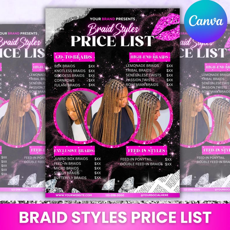 Braids Pricelist, Hair Styles Braiding Price Guide, DIY Flyer Template Design, Beauty Salon Price Sheet, Premade Lash hair Nails Price List Braids Pricelist, Braids Price List Flyer,Knotless Braids Flyer,Beauty Salon Price Sheet, Premade Lash hair Nails Price List, Canva Editable Braids Pricelist, Hair Styles Braiding Price Guide, DIY Flyer Template Design, Beauty Salon Price Sheet, Premade Lash hair Nails Price List