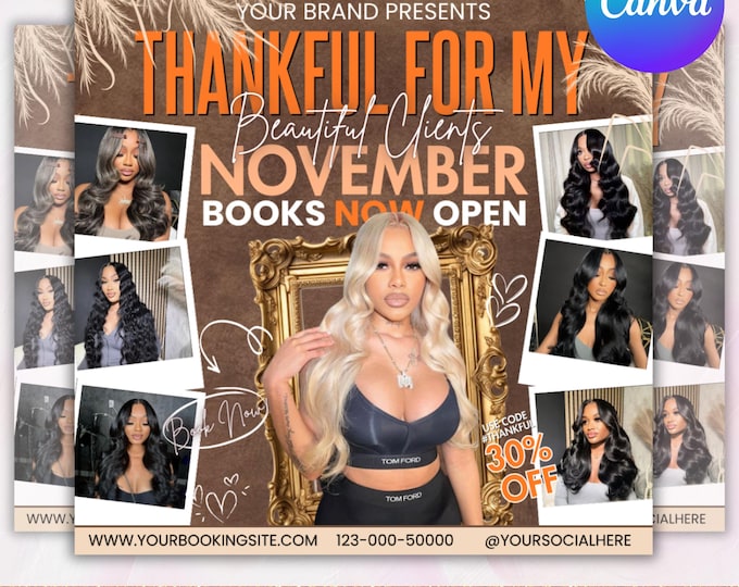November Booking Flyer, Fall Szn Booking Flyer, Thanksgiving Book Now, November Hair Lash Nail Braids MUA Wig Autumn Flyer, Canva Editable