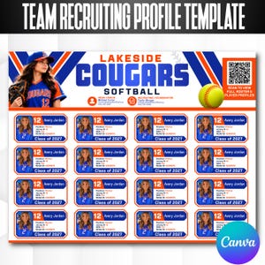 Plantilla editable de perfil de reclutamiento de equipo, lista de jugadores de equipo de viaje en Canva, hoja de reclutamiento de jugadoras de sóftbol, perfil de atleta de equipo de béisbol