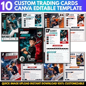 May include: A collection of ten custom baseball trading card templates. Each card features a player's photo, name, team, and statistics. The cards have a modern design with bold colors and are fully customizable.