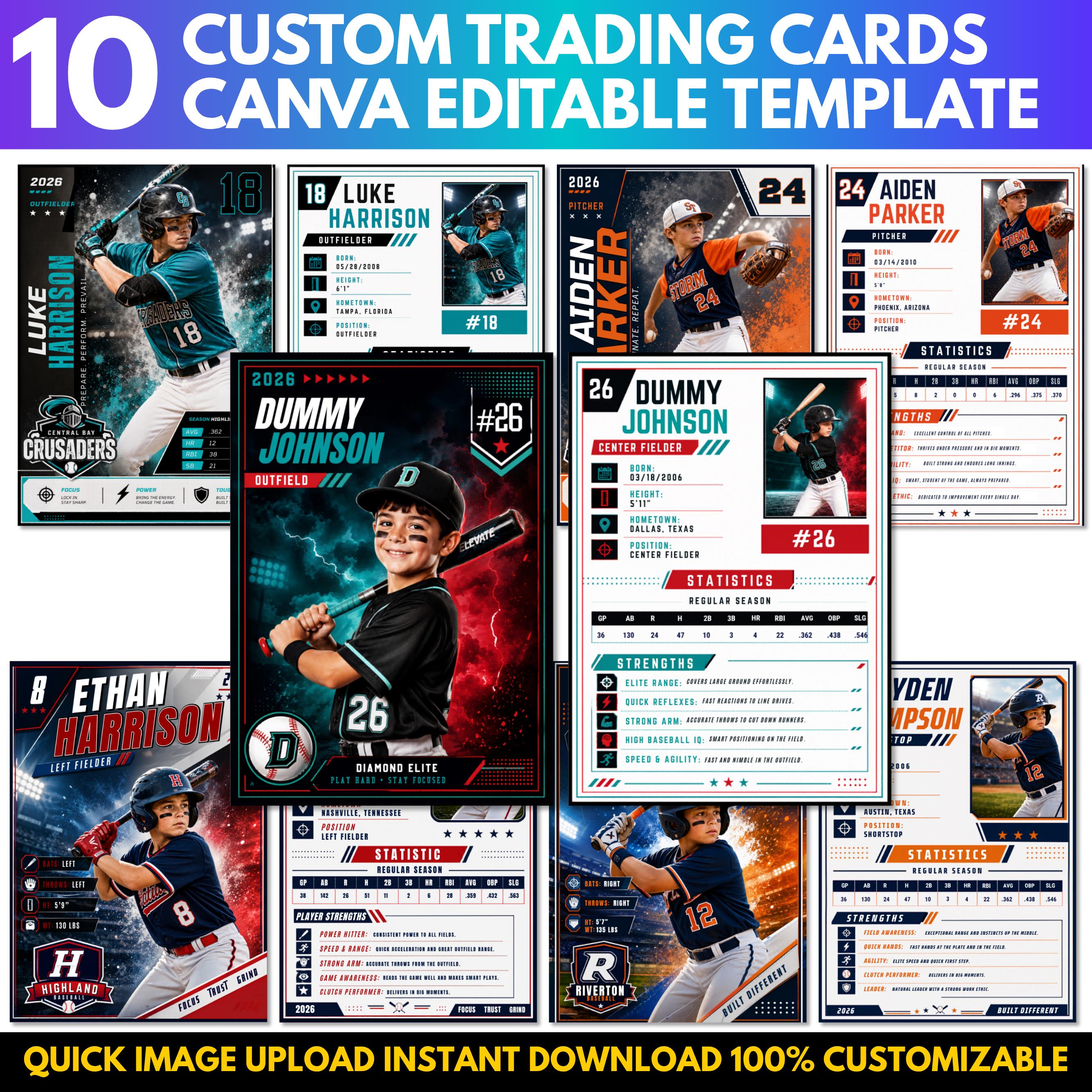 Baseball Trading Card Template Set, 6 Editable Double-sided Player ...