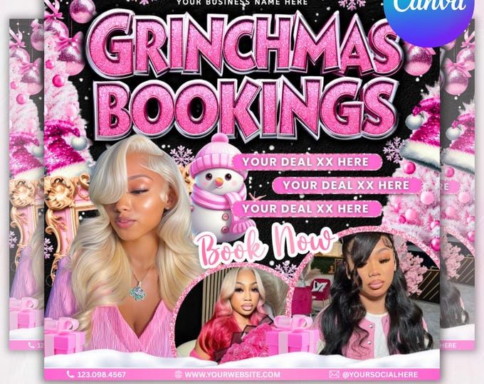 Christmas Booking Flyer, Editable December Booking Flyer, Pink Christmas Flyer, Winter Booking Flyer, Hair, Lash, Makeup, Nails, Wig,Instant