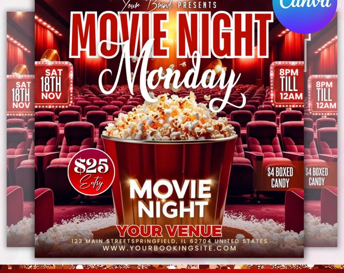 Movie Night Flyer,Movie Night invitation,Family movie night party flyer,Birthday Party Flyer,Movie Night Birthday Invitation,Canva Editable