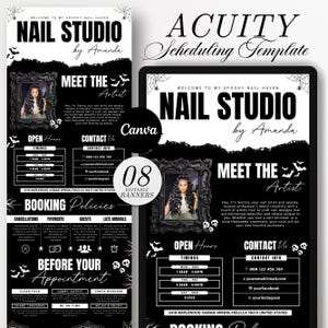 May include: Black and white digital flyer for a nail studio, featuring the text "NAIL STUDIO by Amanda." Includes a photo of the artist, business hours, contact information, and booking policies. The design has a spooky Halloween theme.