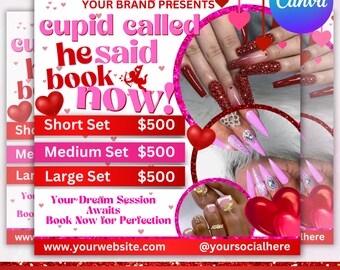 February Booking Flyer, Valentines Day Booking Flyer, February Booking, Hair Braids Nail Lash Makeup Wig Install , Canva Editable