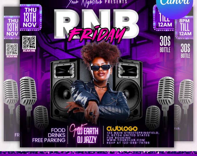 R&B Fridays Party Flyer,  Nightclub Party Flyer, RnB Music Party Flyer, Night Invite, DJ Party Invite, Social media flyer, Canva Editable,