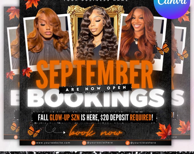 September booking flyer, September Calendar, Fall Season Booking Flyer, Fall Szn Sale, Wig Install, Lash Nail Braids Flyer, Canva Editable