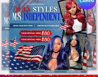 July Booking Flyer, July 4th Flyer, Now Booking July, Hair Braid Lash Brow Flyer, Books Open, Nail wig install Hair Flyer, Canva Editable