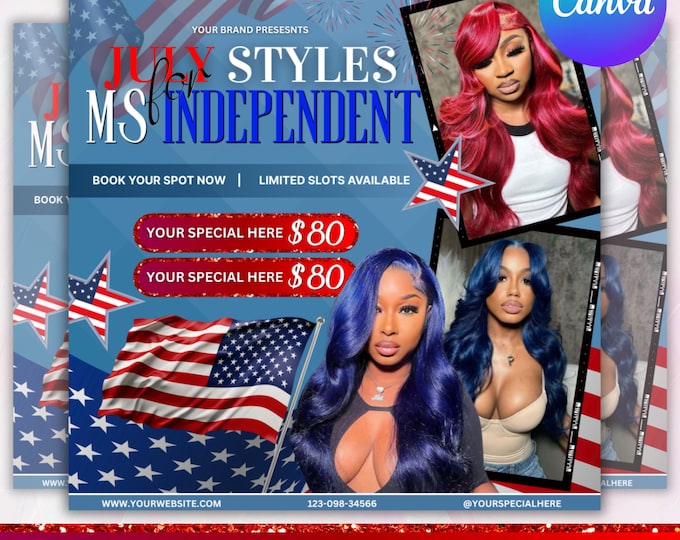 July Booking Flyer, July 4th Flyer, Now Booking July, Hair Braid Lash Brow Flyer, Books Open, Nail wig install Hair Flyer, Canva Editable