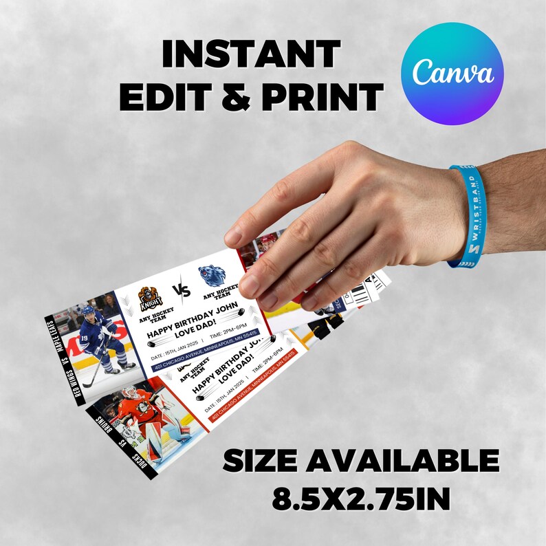 Editable Hockey Ticket, Hockey Ticket Template, Surprise Hockey Game Ticket, Printable Sports Ticket Gift for Him,  Canva Editable