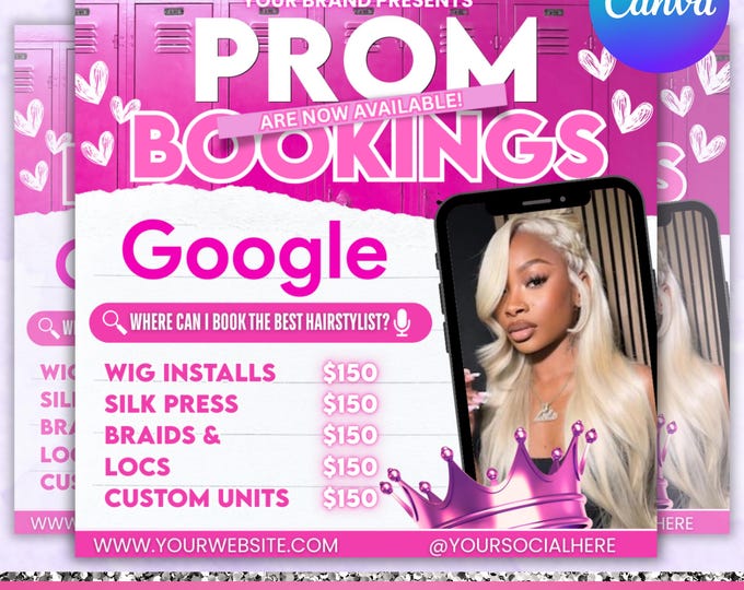 Prom Bookings Flyer, Prom Makeup Flyer, Prom Queen MUA Flyer, Prom Lashes Flyer, Beauty Makeup Artist Flyer, Canva Editable