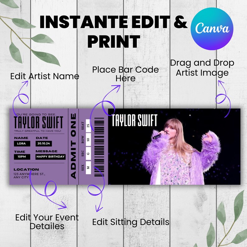 Editable Concert Ticket Template, DIY Event Ticket, Surprise Gift Custom Concert Ticket, Printable Concert Tickets Gift Idea, Canva Editable