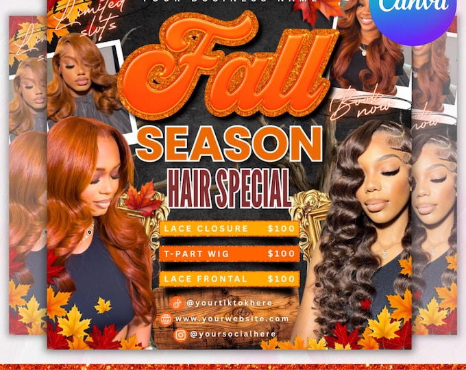 Fall Season Booking Flyer, September booking flyer, September flyer, Fall Szn Sale, Wig Install, Lash Nail Braids Flyer, Canva Editable