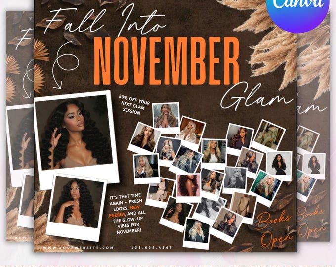 November Booking Flyer, Fall Szn Booking Flyer, Thanksgiving Book Now, November Hair Lash Nail Braids MUA Wig Autumn Flyer, Canva Editable