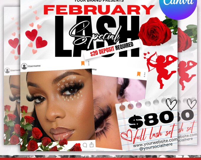 February Booking Flyer, Valentines Day Booking Flyer, February Booking, Hair Braids Nail Lash Makeup Wig Install , Canva Editable
