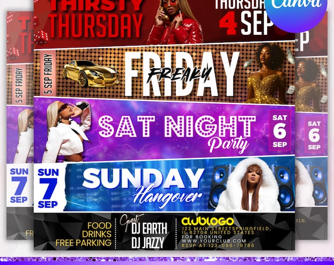 Club Party Flyer, Thursday party flyer, Friday Party flyer, Sunday Party Flyer, Saturday Party Flyer, DJ Party Invite, Canva Editable