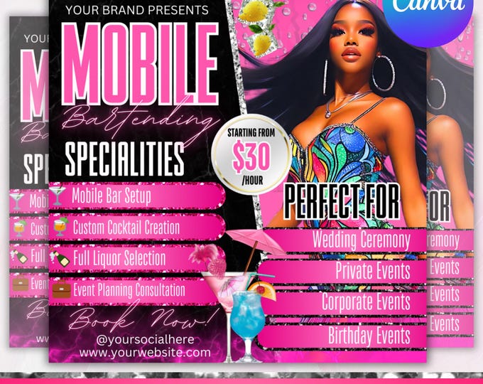 Mobile Bartending Flyer, Mixologist Flyer, Portable Bar Flyer, Event Bartender Flyer, Corporate Party Drink Services Flyer, Canva Editable