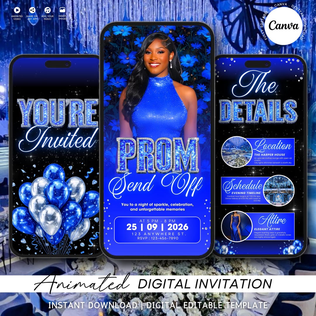 Custom Prom Invitations Prom Party Invitation, Digital Blue Prom Send off Invite, Animated ...