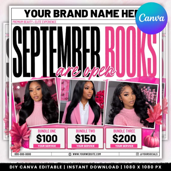 September Booking Flyer, September flyer, Fall Booking Flyer, September Books Open, Wig Install, Lash Nail Braids Flyer, Editable in Canva