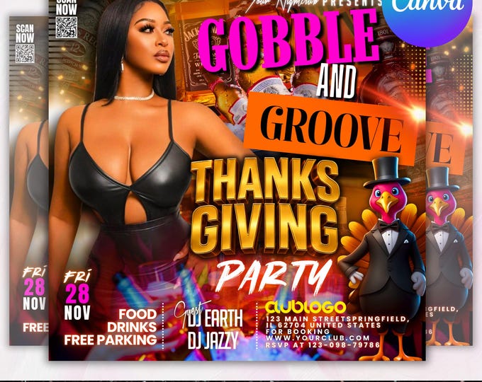Thanksgiving Party Flyer, Thanksgiving Club Invite, Friendsgiving Dinner Invite, Celebration Flyer, Social Media Flyer, Canva Editable
