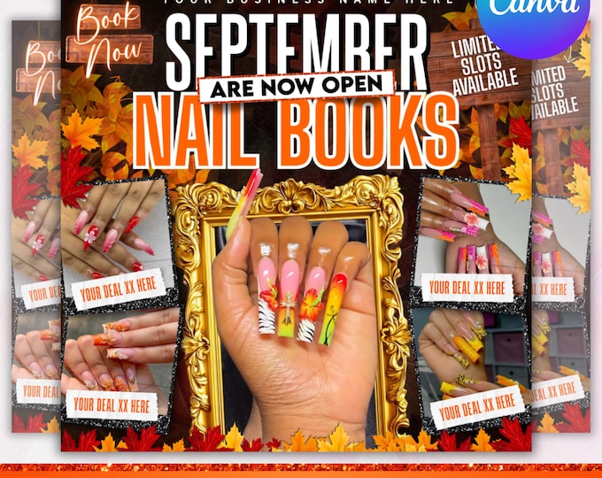 September booking flyer, September flyer, Fall Season Booking Flyer, Fall Szn Sale, Wig Install, Lash Nail Braids Flyer, Canva Editable