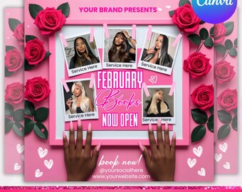 February Booking Flyer, Valentines Day Booking Flyer, February Booking Flyer, Hair Braids Nail Lash Makeup Wig Install , Canva Editable