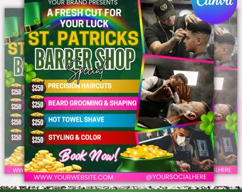St. Patrick Barber Flyer, Barber Booking Flyer, Barbershop booking flyer, Haircut Stylist Flyer, Social media template, Canva Editable