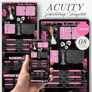 Könnte beinhalten: Acuity-Planungsvorlage mit gruseligem Thema. Das Design zeigt den Text "Magic Lashes" und "Details" in Pink vor einem schwarzen Hintergrund. Enthält ein Smartphone- und Tablet-Mockup mit einem Foto einer Frau, Totenköpfen und rosa Geistern.