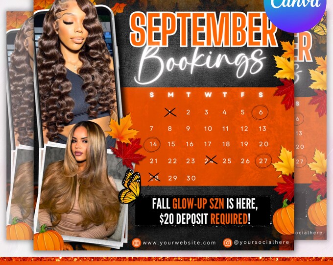 September booking flyer, September Calendar, Fall Season Booking Flyer, Fall Szn Sale, Wig Install, Lash Nail Braids Flyer, Canva Editable