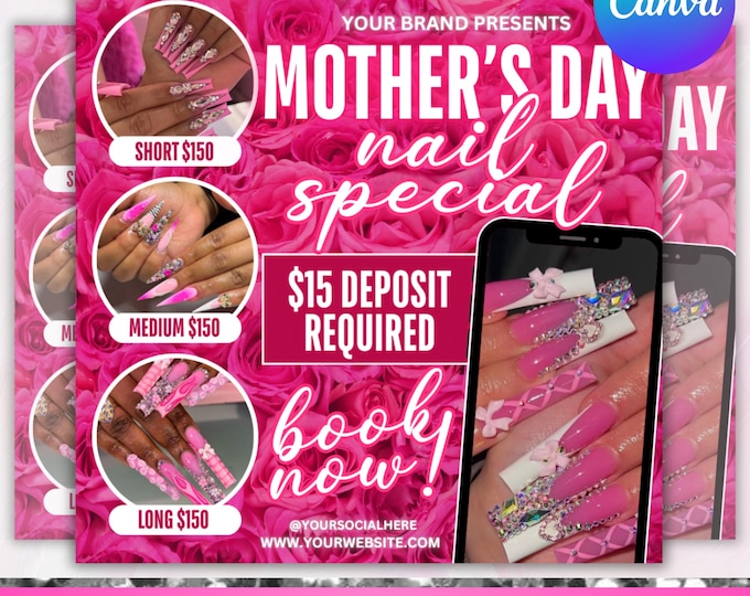 Mothers Day Nails Special Flyer, Nails Special Flyer, Mothers Day Special Flyer, Nail Tech Flyer, Nails Special Deal Flyer, Canva Editable