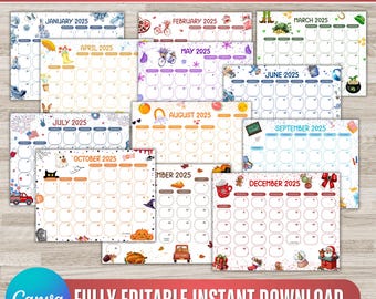2025 Calendar Printable, Cute Kids Calendar 2025, Wall Calendar, Kids Monthly Planner, Homeschool Calendars, Canva Editable
