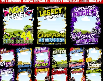 May include: A digital collection of twenty-five football mascot shirt designs featuring customizable frames, sports graphics, and text elements like Next Level, Legacy In Every Play, and Northwood Knights, presented on a black background.