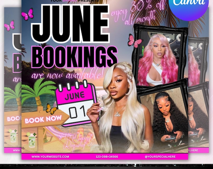 June Booking Flyer, Summer Booking Flyer, June Books Open, Makeup MUA Lashes Hair Locs Braids Wig Beauty Flyer, June Calendar,Canva Editable