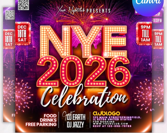 New Year Party Flyer 2026, Year Event Flyer, Night Party Flyer, Night Club Flyer, Countdown Night Event, Happy New Year, DIY Party Template