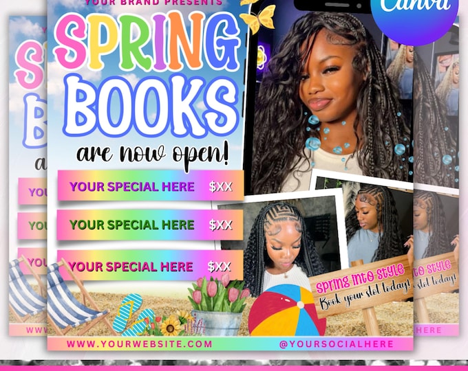 Spring Break Booking Flyer, Spring Booking Flyer, Spring Break Sale Flyer, Spring Special Flyer, Hair Lash Nail Makeup Braids,Canva Editable