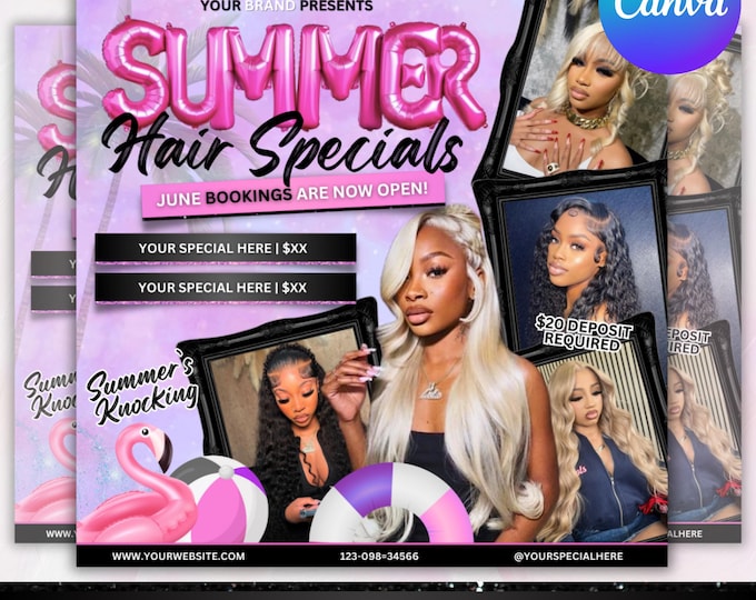 Summer Hair Flyer, Summer Sale Bookings flyer, Summer Braid Sale Flyer, June Booking Flyer, June Appointment Flyer, Canva Editable