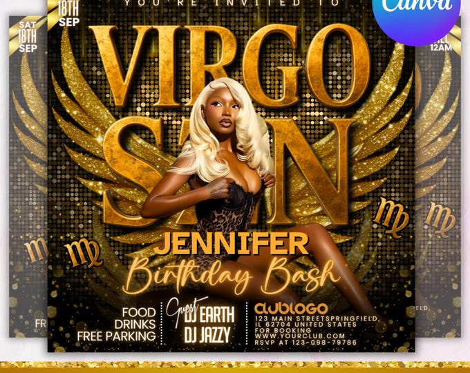 Virgo Birthday Flyer, Birthday Party Invitation Flyer, Virgo Season Birthday Flyer, Virgo Birthday Flyer, Birthday Event, Canva Editable