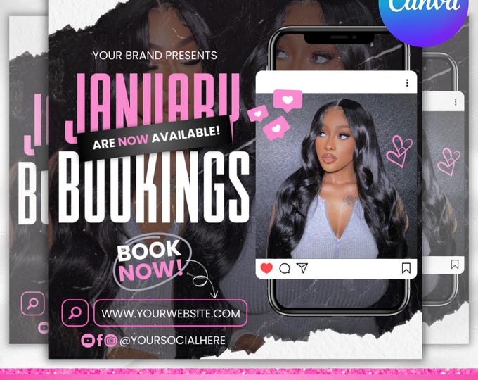 January Booking Flyer, New Year Booking Flyer, Book Now Flyer, Braid Booking Flyer Template Hair Lash Nail Makeup, Canva Editable